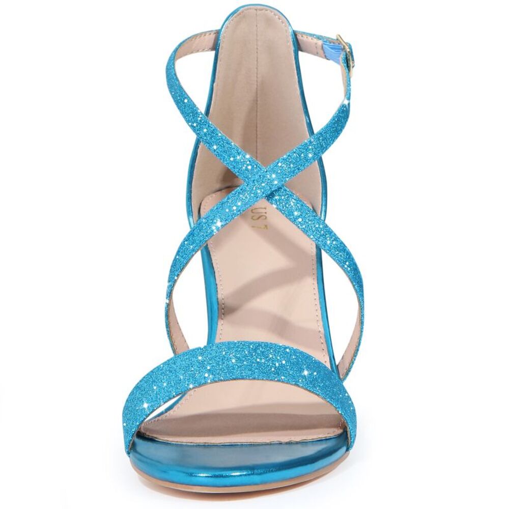 Glitter Crisscross Strap Block Heels Sandals Lake Blue - Picture 2 of 6